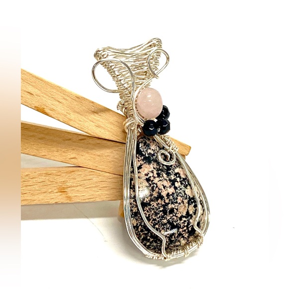 HANDMADE Firework Obsidian, Rose Quartz and Faceted Crystal Hand Wrapped Pendant - Picture 4 of 10